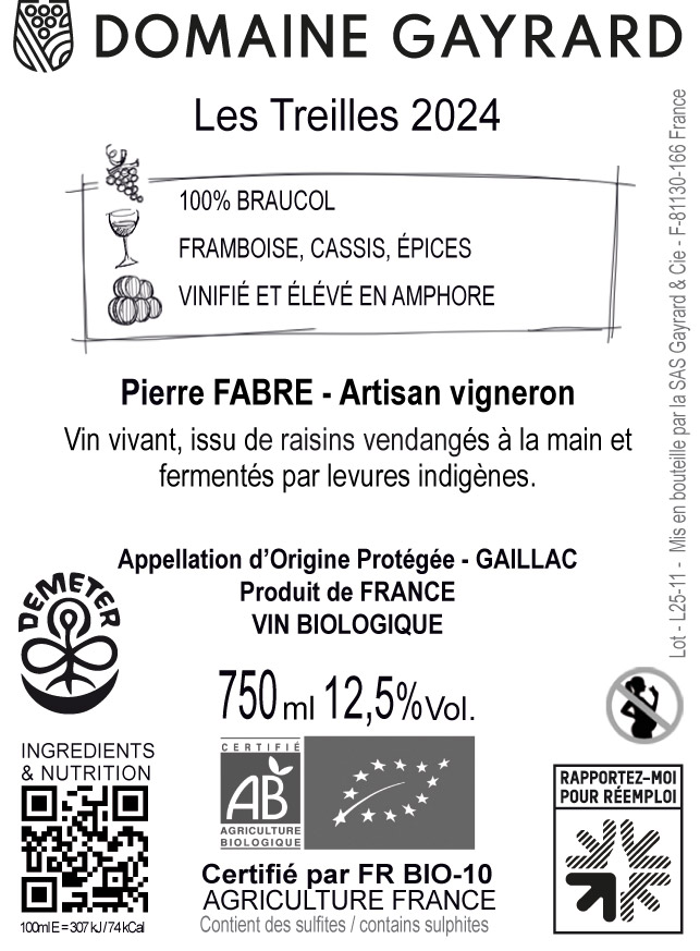 Contre étiquette Treilles 2024 Domaine Gayrard